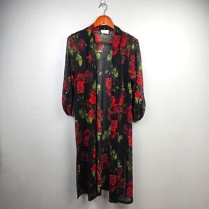EMBER‎ Mid Length Sheer Duster Kimono 3/4 Sleeves Floral Red Black Womens Size M